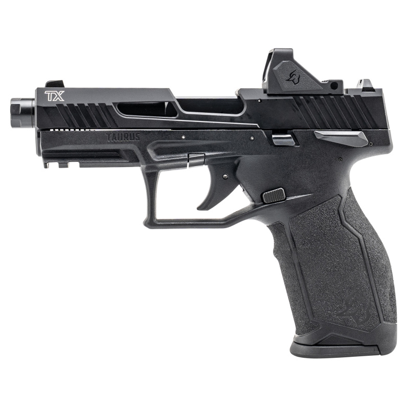 TX22 TORO, Striker Fired, Semi-automatic, Polymer Frame Pistol, Full Size, 22 LR, 4.6" Threaded Barrel, 1/2X28 Thread Pitch, Anodized Finish, Black, Drift Adjustable Rear Serrated Sight, Fixed White Dot Front Sight, Equipped with Viridian RFX-11 3 MOA Gr