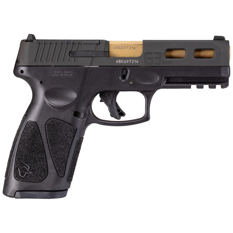 G3, T.O.R.O. (Taurus Optic Ready Option) Custom, Striker Fired, Semi-automatic, Polymer Frame Pistol, Full Size, 9MM, 4" PVD Gold Barrel, Slide Cuts, Matte Finish, Black, Fixed Front Sight With Drift Adjustable Rear Sight, Manual Thumb Safety, 17 Rounds,