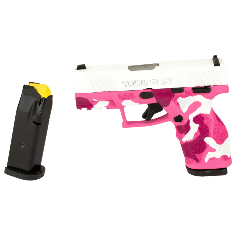 GX2, Semi-automatic, Striker Fired, Compact, 9MM, 3.38" Barrel Length, Pink Commando Camo Cerakote Finish by Skydas, Manual Safety, White Dot Front Sight with Drift Adjustable Rear Sight, 10 Rounds, 2 Magazines 1-GX2939-10