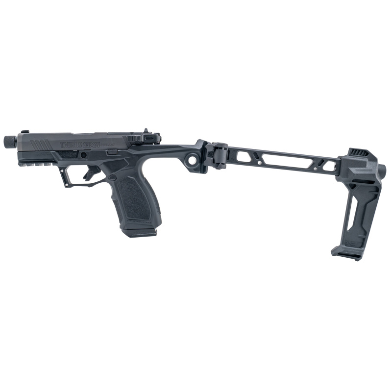 GX4 Strike Bravo, Single Action Only, Semi-automatic, Steel Frame Pistol, Compact, 9MM, 3.7" Barrel, Threaded 1/2X28, Matte Finish, Black, Strike Industries FSA Single Stabalizer and Brace, Fixed White Dot and Drift Adjustable Rear Sights, Trigger Safety
