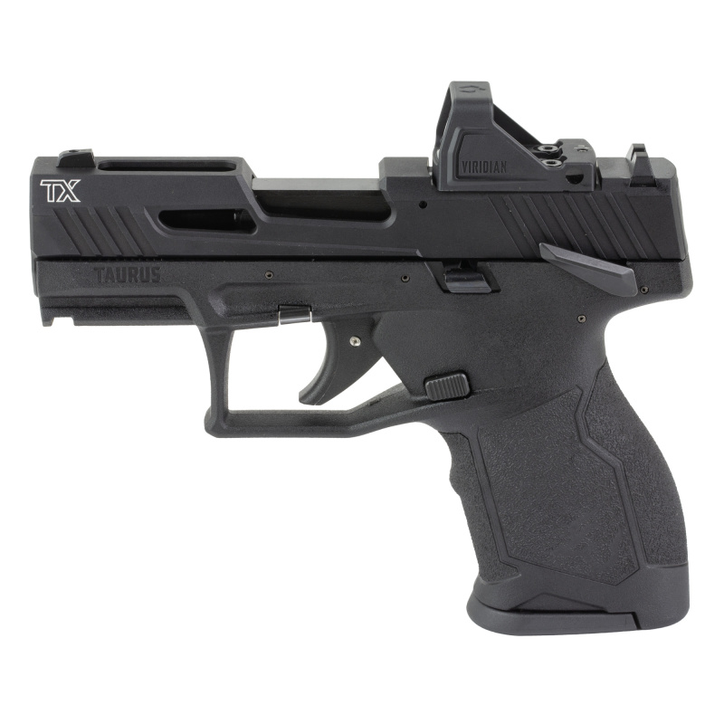 TX22 TORO, Striker Fired, Semi-automatic, Polymer Frame Pistol, Compact, 22 LR, 3.6" Barrel, Anodized Finish, Black, Drift Adjustable Rear Serrated Sight, Fixed White Dot Front Sight, Equipped with Viridian RFX-11 3 MOA Green Dot Optic, Thumb Safety,2 Ma