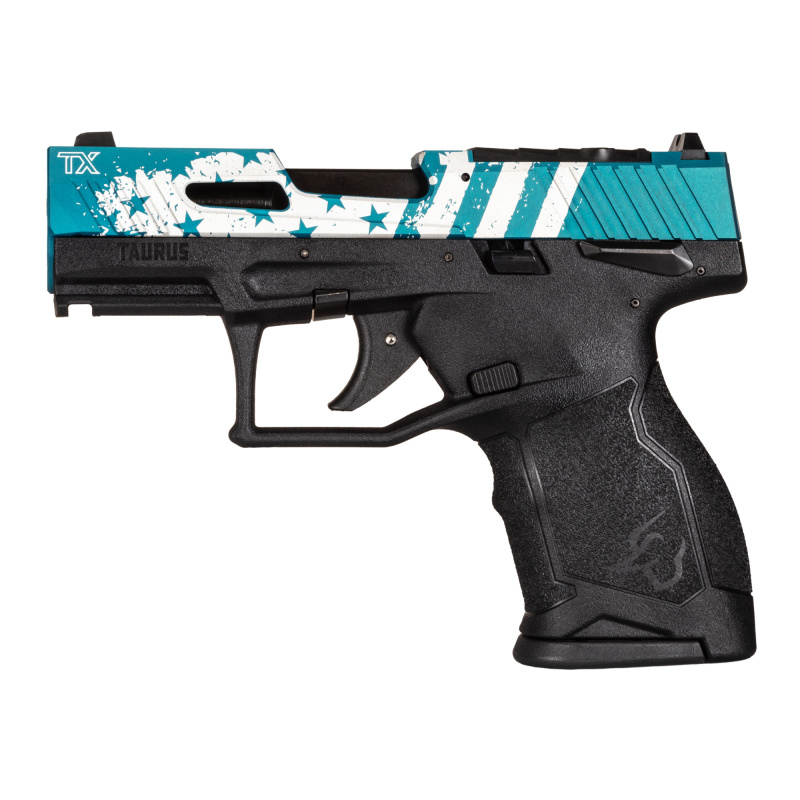 TX22 Compact, Striker Fired, Semi-automatic, Polymer Framed Pistol, 22 LR, 3.6" Threaded Barrel, Manual Safety, Black Frame, Blue Hard Anodized Slide with Laser Engraved Flag Design, Ramp Front/Adjustable Rear, 13 Rounds, 2 Magazines 1-TX2213Y-US3