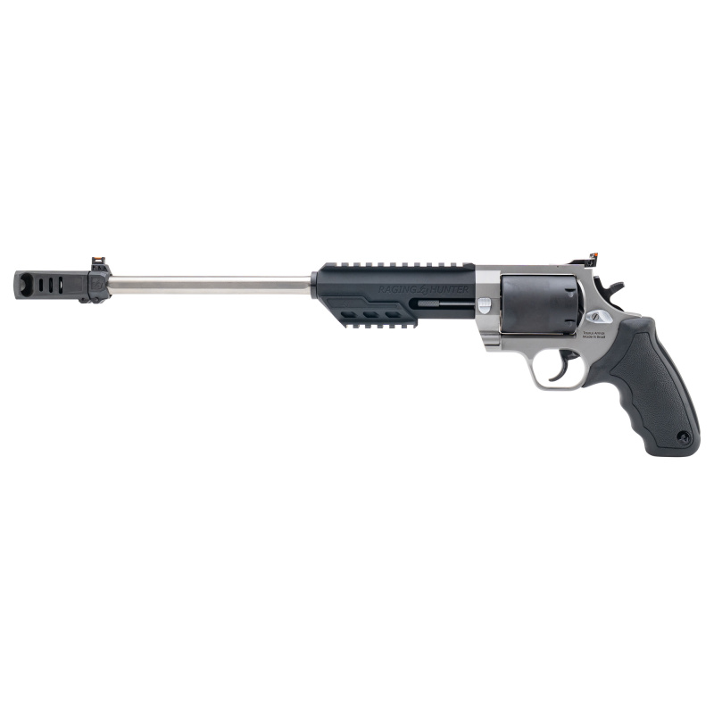 Raging Hunter, Double/Single Action, Metal Frame Revolver, Large Frame, 350 Legend, 14" Barrel, Matte Stainless Finish, Two Tone Black and Silver, Fiber Optic Front and Adjustable Rear Sight, Rubber Grips, 6 Rounds 2-350145RH