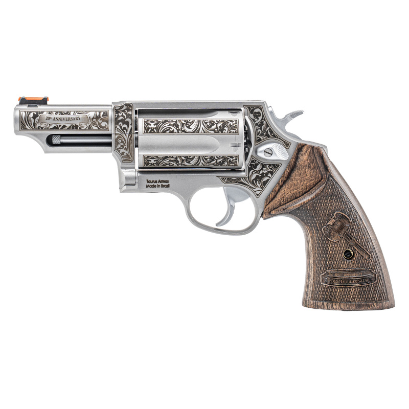Judge 20th Anniversary, Revolver, Double/Single Action, Medium Frame, 45 Colt/.410 Bore, 3" Barrel, Engraved Matte Stainless Finish, Silver, Walnut Grips, Fiber Optic Front with Fixed Rear Sights, 5 Rounds 2-441039T-20YR
