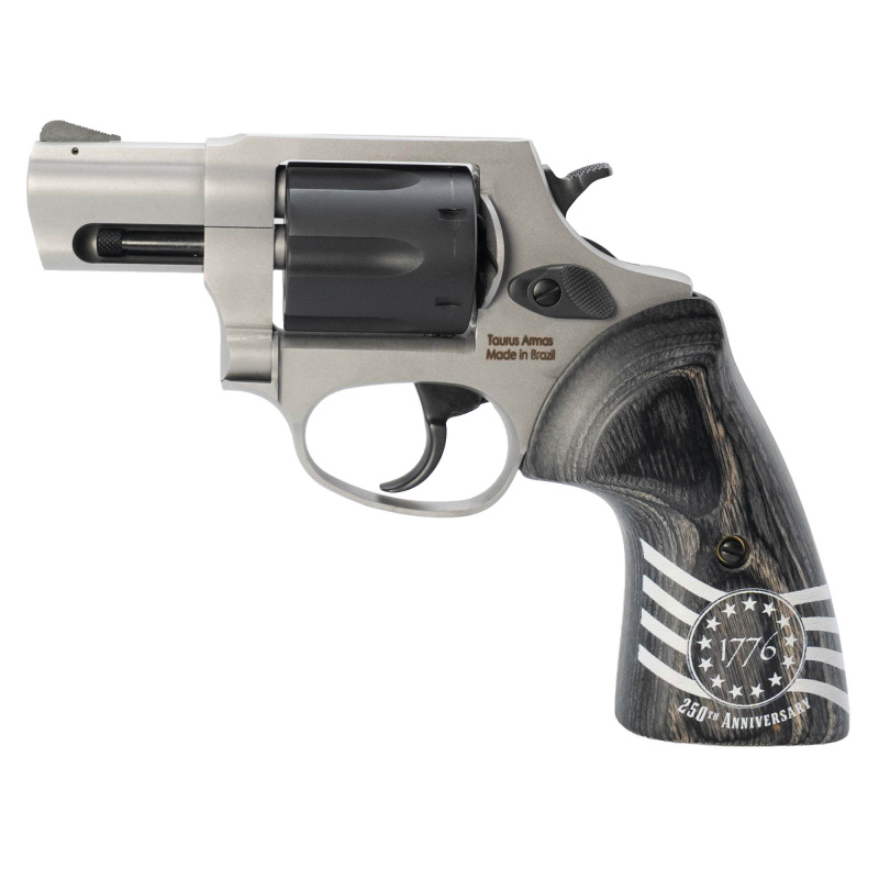 856, Revolver, Double Action Only, Compact, 38 Special, 2" Barrel, Matte Finish, Black and Silver, 1776 Engraved Wood Grips, Notched Rear Sight, Ramp Front Sight, Manual Thumb Safety, 6 Rounds 2-85625-US3