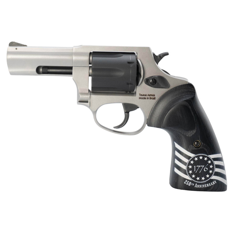 856, Revolver, Double Action Only, Compact, 38 Special, 3" Barrel, Matte Finish, Black and Silver, 1776 Engraved Wood Grips, Notched Rear Sight, Ramp Front Sight, Manual Thumb Safety, 6 Rounds 2-85635-US3