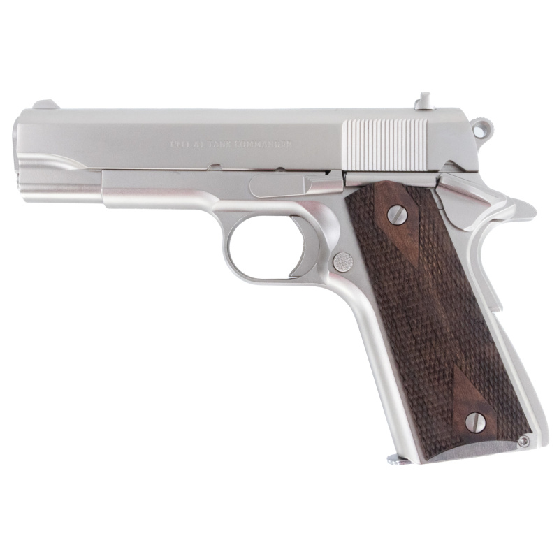 1911A1 Tank Commander, Semi-automatic, 1911, Metal Frame Pistol, Commander, 9MM, 4.25" Barrel, Nickel Finish, Silver, Walnut Grips, Iron Sights, 9 Rounds, 2 Magazines 10100117