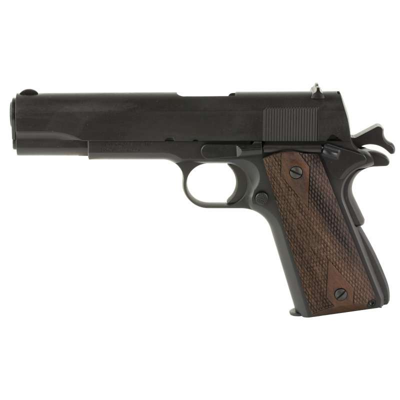 1911A1, US Army, Single Action Only, Semi-automatic, Metal Frame Pistol, Full Size, 45ACP, 5" Barrel, Carbon Steel Frame, Manganese Phosphate Finish, Black, Checkered Wood Grips, Iron Sights, 7 Rounds, 2 Magazines 10100539
