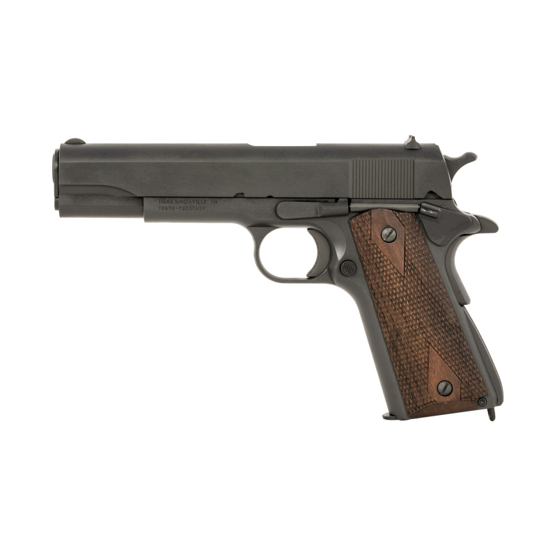 1911A1, US Army, Single Action Only, Semi-automatic, Metal Frame Pistol, Full Size, 9MM, 5" Barrel, Carbon Steel Frame, Manganese Phosphate Finish, Black, Checkered Wood Grips, Iron Sights, 7 Rounds, 2 Magazines 10100540