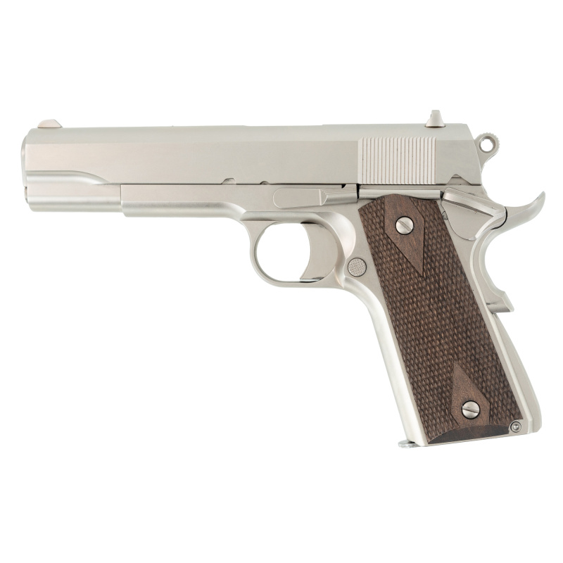1911 A1 Stakeout, Semi-automatic, Metal Frame Pistol, Full Size, 9MM, 5" Barrel, Steel Frame, Nickel Finish, Silver, Walnut Grips, Iron Sights, Thumb Safety, 9 Rounds, Includes 38 Super Barrel 10100562