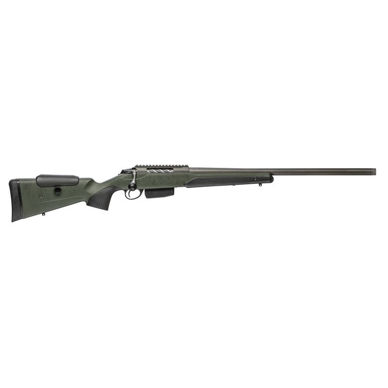 Tikka T3X Super Varmint, Bolt Action Rifle, 243 Winchester, 20" Heavy Varmint Barrel, Threaded 5/8x24, Cerakote Finish, Tungsten, Fluted Bolt, Picatinny Rail, Roughtech Finish Synthetic Stock, Green with Black Webbing, 5 Rounds, 1 Magazine JRTXRSV315
