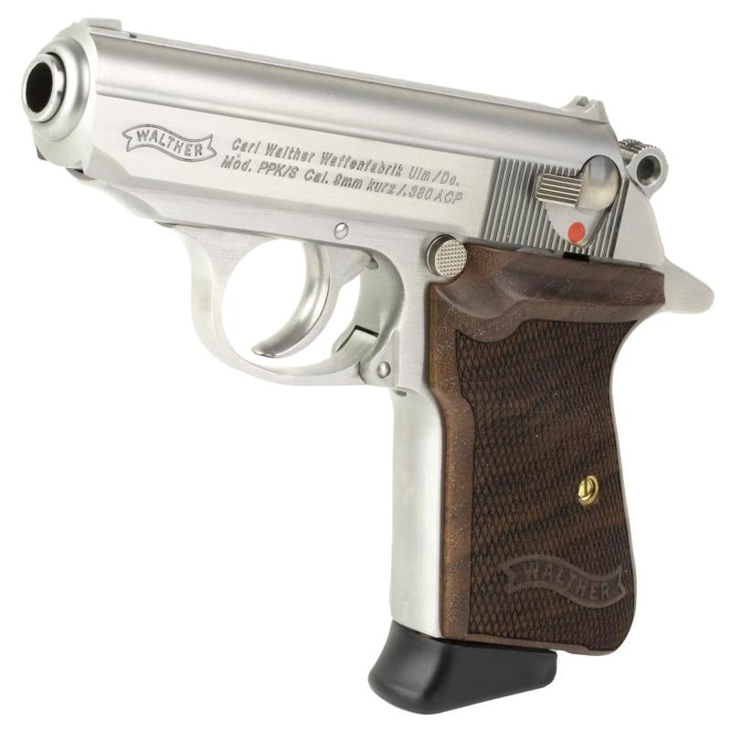 PPK/S |380ACP, 3.35" Barrel, Steel Frame, Stainless Finish, Walnut Grips, Fixed Sights, 7Rd, 2 Magazines 4796004