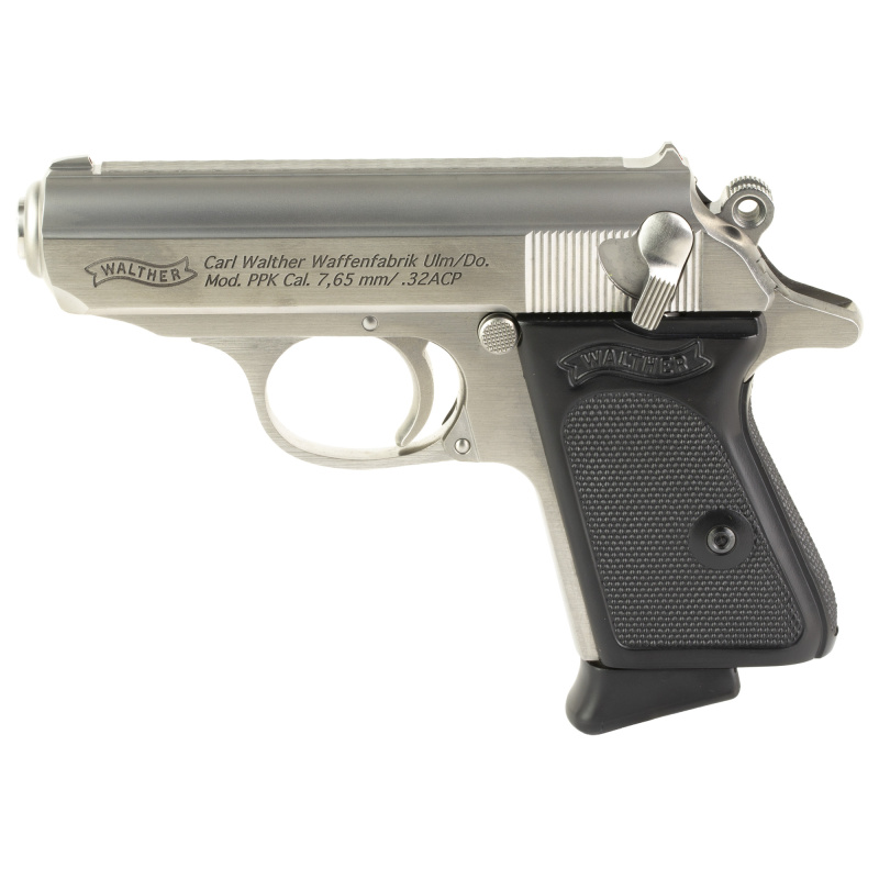 PPK, Semi-automatic, Metal Frame Pistol, 32ACP, 3.3" Barrel, Matte Stainless Steel Finish, Silver, Fixed Sights, 6 Rounds, 2 Magazines 4796020