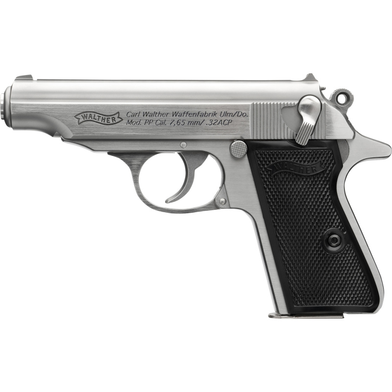 PP, Semi-automatic, DA/SA, Metal Frame Pistol, 32 ACP, 3.9" Barrel, Steel Construction, Stainless Finish, Silver, Fixed Sights, 8 Rounds 4796029