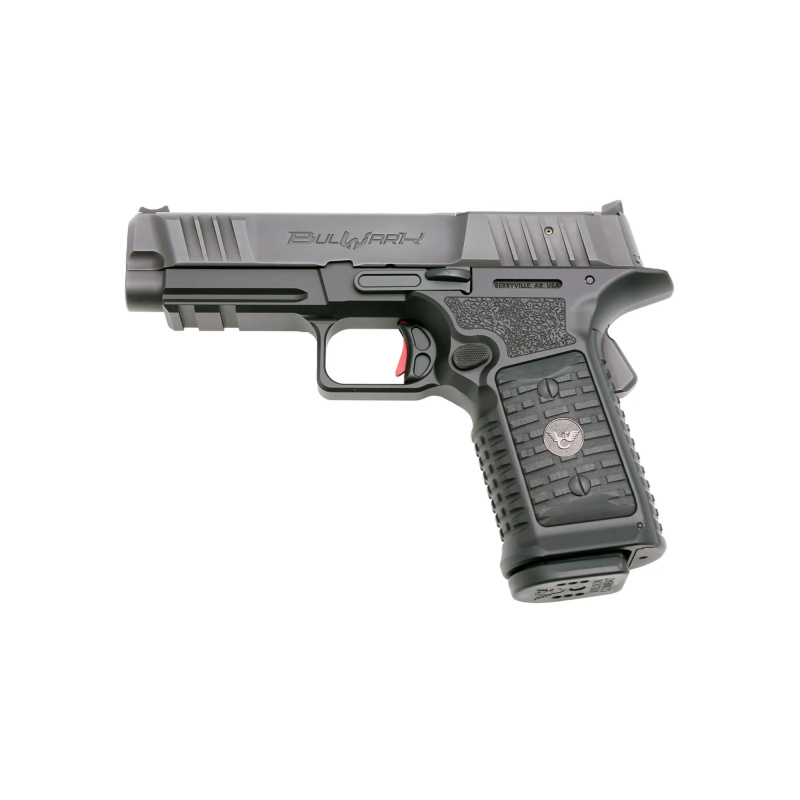 BULWARK Compact, 1911, Aluminum Frame Pistol, Officer Size, 9MM, 4" Stainless Steel Barrel, Nitride Finish Slide, Black, Anodized Finish Aluminum Grip, Aggressive Texture G10, Optic Ready Slide, Red Fiber Optic Front Sight, Grip Safety, 15 Rounds, Lightr