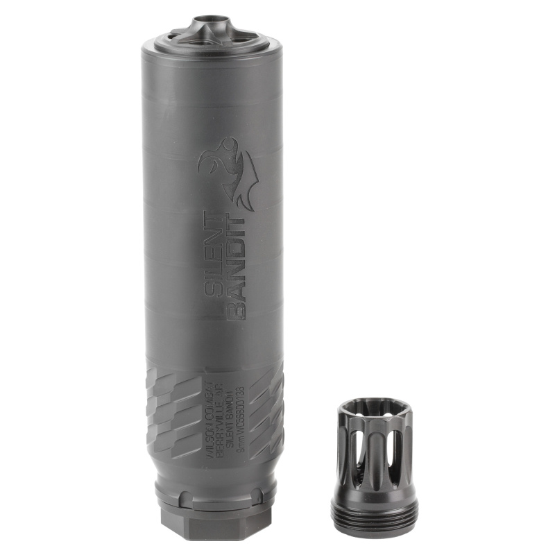 Silent Bandit, Suppressor, 9MM, Titanium & Stainless Steel Construction, Armor Tuff Finish, Black, 5 Baffle, HUB Mount Compatible, Includes K-Mount Muzzle Device SP-SB-9-5-BLK