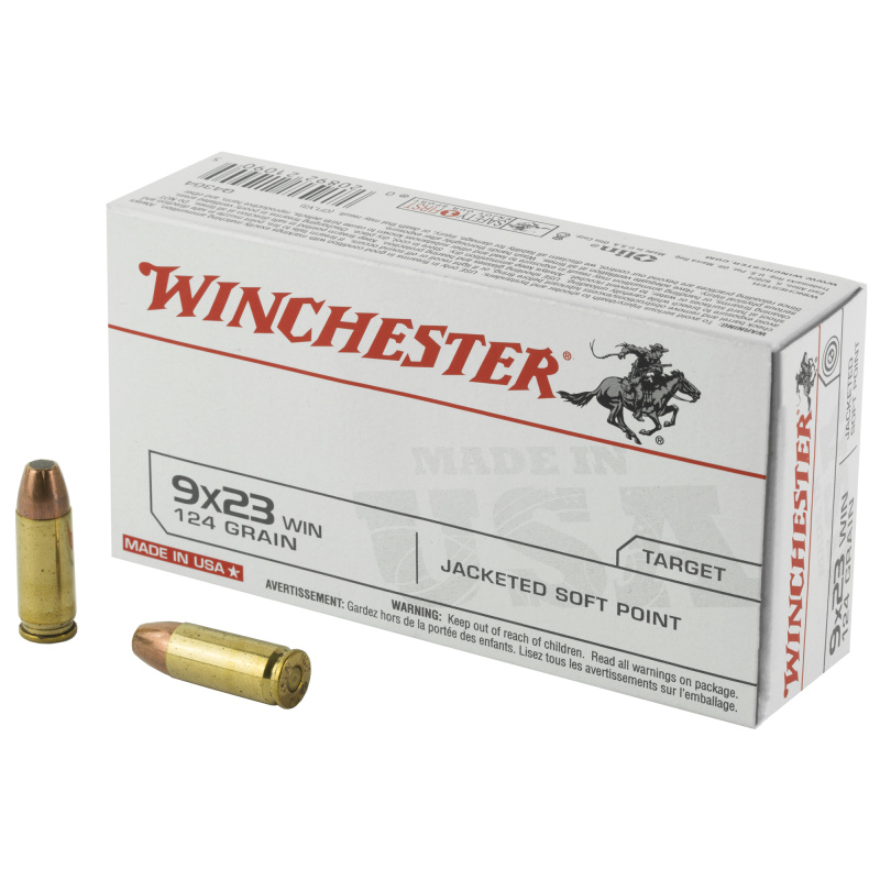 USA, 9X23 WIN, 124 Grain, Jacket Soft Point, 50 Round Box Q4304