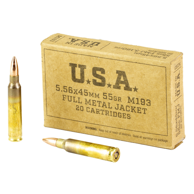 USA M193 Ammo |5.56mm NATO 55 Grain Full Metal Jacket, Box of 20 Rounds