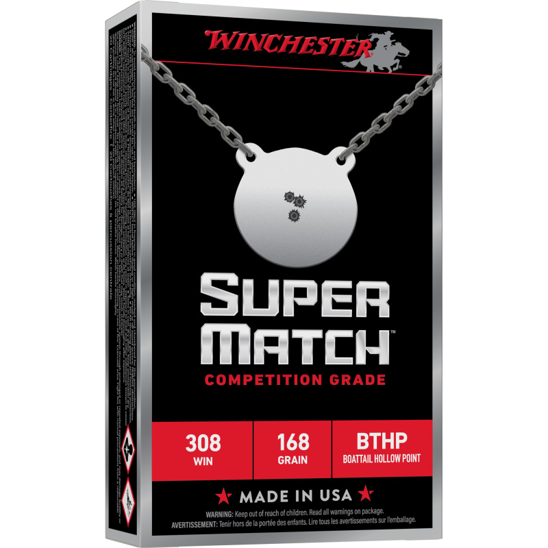 Super Match, 308 Winchester, 168 Grain, Boat Tail Hollow Point, 20 Box Round SM308