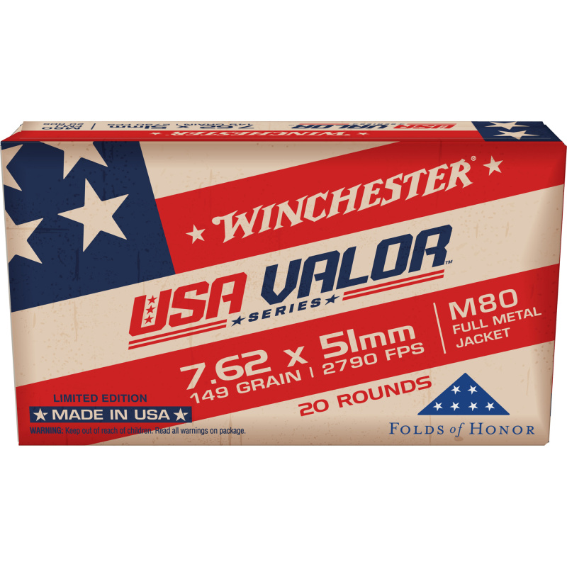 USA VALOR, 7.62x51, 149 Grain, Full Metal Jacket Bullet, 20 Round Box USAVM80X