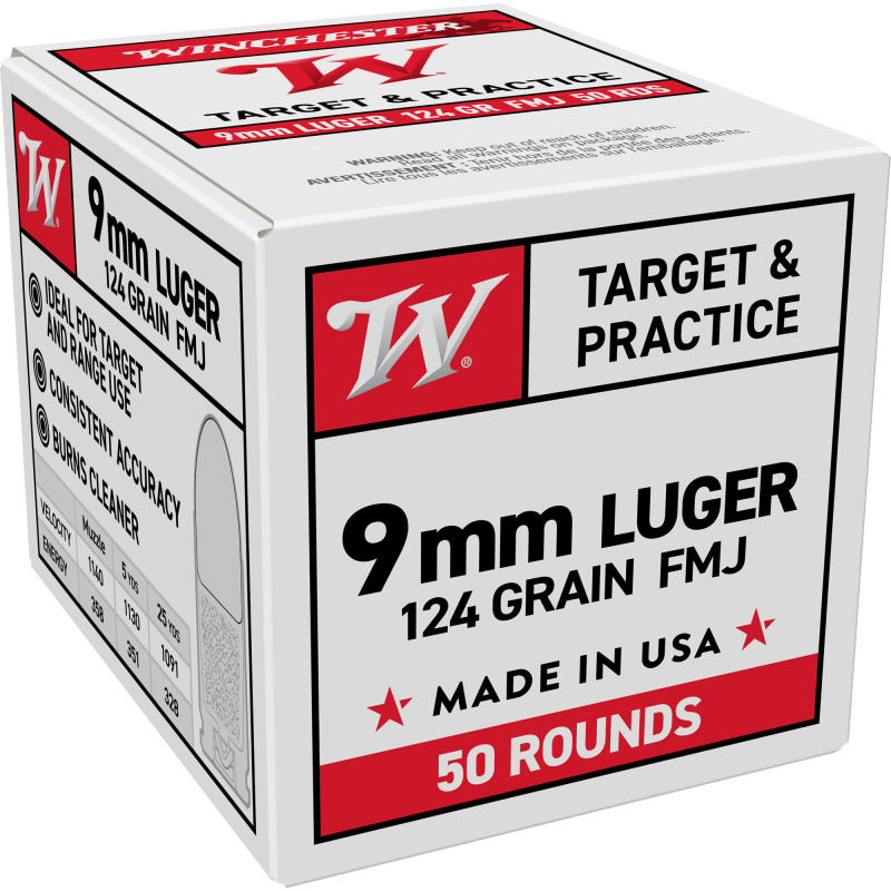 USA White Box, 9MM, 124 Grain, Full Metal Jacket, 50 Round Box W9MM12450
