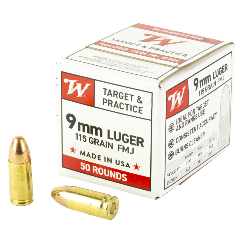 USA WHITE BOX, 9mm, 115 Grain, Full Metal Jacket, 50 Rounds Box W9MM50