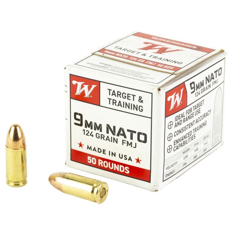 USA WHITE BOX, 9mm, 124 Grain, Full Metal Jacket, 50 Rounds Box W9NATO50