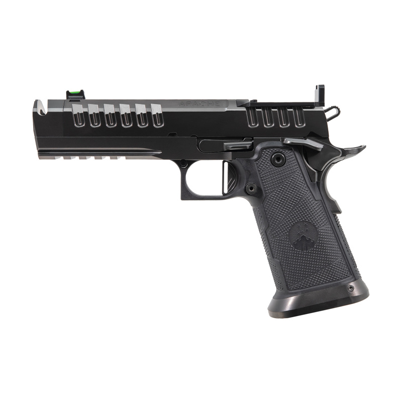 Apache MKII, Semi-automatic, 1911, Steel Frame Pistol, Full Size, 9MM, 4.6" Threaded Barrel with Compensator, Graphene Finish, Black, Kevlar and Carbon Fiber Composite Grips, Green Fiber Optic Front Sight, Optic Ready, RMR Footprint, (1)-20 Round Magazin
