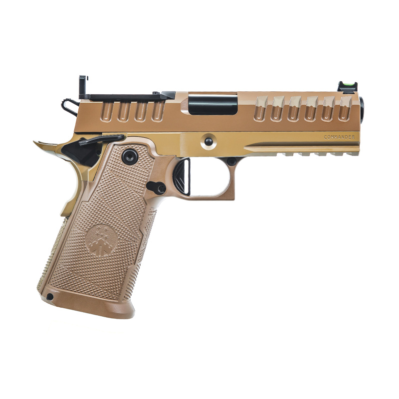Apache Commander, Semi-automatic, 1911, Metal Frame Pistol, Commander Size, 9MM, 4.25" Threaded Barrel with Compensator, DLC Finish, Flat Dark Earth, Optics Ready, Fiber Optic Front Sight, (3)-15 Round Magazines APACHE-9MM-CMNDR-FDE
