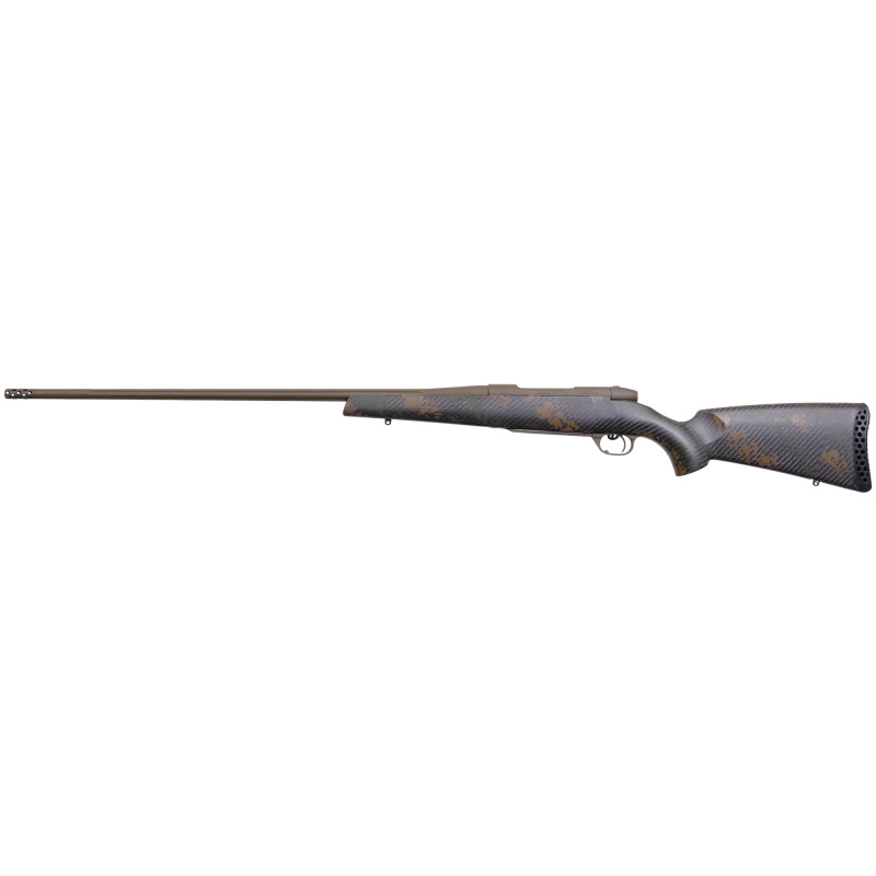 Mark V, Backcountry 2.0, Bolt Action Rifle, 300 Weatherby Magnum, 26" Flutted Steel Barrel, #2 Contour, Cerakote Finish, Patriot Brown, Dark Green and Brown Sponge Accents, Exposed Carbon Fiber Stock, Muzzle Brake, 3 Rounds, Right Hand MBC20N300WR8B