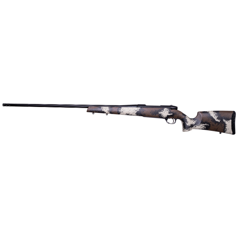 Mark V High Country, Bolt Action Rifle, 6.5-300 Weatherby Magnum, 26" Spiral Fluted #2 Contour Barrel, Threaded 1/2-28, 1:8" Twist, Deep Fluted Bolt, Cerakote Finish, Graphite Black, Peak 44 Bastion Carbon Fiber Stock, Exposed Carbon Fiber with Brown Spo