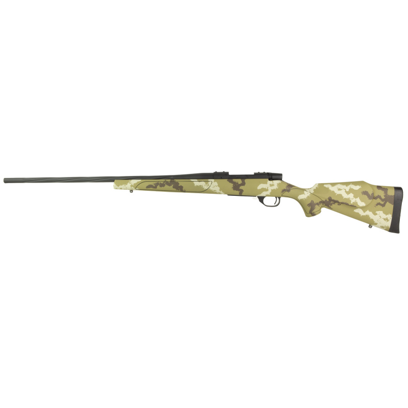 Vanguard Outfitter, Bolt Action Rifle, 223 Remington, 24" Spiral Fluted #2 Contour Barrel, Threaded 1/2-28, 1:9" Twist, Cerakote Finish, Graphite Black, Weatherby Monte Carlo Stock, Brown and White Hand Sponge Paint, Two Stage Adjustable Trigger, Accubra