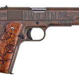 Iwo Jima Commemorative 1911, Semi-automatic, Pistol, 45 ACP, 5" Barrel, Steel Frame, OD Green under Distressed Copper Cerakote on Engraved Slide and Frame, Engraved Wood Grips, 7Rd, 1 Magazine, Fixed Sights, Features Engravings memorializing "Operation D