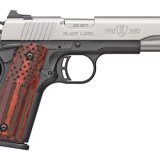 1911-380, Black Label Pro, Semi-automatic, 1911, 380 ACP, 4.25" Barrel, Black and Stainless Two-Tone Color, Satin Finish, Composite Frame, Ambidextrous Thumb Safety, American Flag Laminate Grips, White 3 Dot Sights, 8Rd, 2 Magazines 051977492