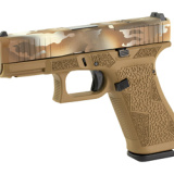 45 MOS, Striker Fired, Semi-automatic, Polymer Frame Pistol, Compact, 9MM, 4.02" Barrel, Glock Marksman Barrel, FDE Multicam Slide With FDE Frame, No Finger Grooves, Fixed Sights, Modular Optic System, 17 Rounds, 3 Magazines, Front Serrations, Ambidextro