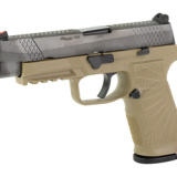 WHISTLE TIP, Semi-automatic, Striker Fired, Full Size, 9MM, 4.7", Black, Tan, 17Rd, 2 Magazines, Custom Gun Armor, Fiber Optic Front Sight, Polymer, DLC SIG-WCP320F-9TATC