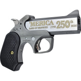 250th Redneck Version, Derringer, .45-70 Gov't, 4.25" 250th Anniversary Engraved Flat Barrel, Stainless Steel, Silver, Black B6 Resin Grips, 2 Rounds, Trigger Guard BACY-250TH-45-70