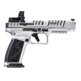 SFX Rival-S, Striker Fire, Semi-automatic, Steel Frame Pistol, Full Size, 9MM, 5" Barrel, Chrome Finish, MeCanik MO2 Red Dot Sight, Fiber Optic Front Sight, Co-Witness Sights, 18 Rounds, 2 Magazines, Includes Competition Holster, (5) Optic Plates, (3) Si