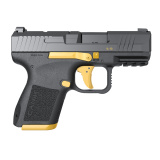 METE MC9, Semi-automatic, Striker Fired, Poylmer Frame Pistol, Micro Compact, 9MM, 3.18" Barrel, Matte Finish, Black With Gold Accents, Optic Ready, 2 Magazines, (1)-12 Round, (1)-15 Round, Includes 3 Grip Back Straps, Magazine Loader, Custome Holster, C