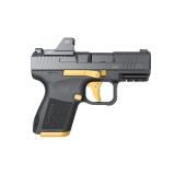 METE MC9, Semi-automatic, Striker Fired, Poylmer Frame Pistol, Micro Compact, 9MM, 3.18" Barrel, Matte Finish, Black With Gold Accents, Optic Ready, 2 Magazines, (1)-12 Round, (1)-15 Round, Includes 3 Grip Back Straps, Magazine Loader, Custome Holster, C