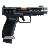TTI Combat, Striker Fired, Semi-automatic, Polymer Framed Pistol, Full Size, 9MM, 4.6" Fluted Barrel, Quick Detach Canik Compensator, Cerakote Finish, Smoke, 3-Dot Sights, Holster, Punch and Toolkit, Cleaning Kit, Hard Case, 18 Rounds, 2 Magazines HG7854