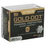 Speer Gold Dot, Personal Protection, 9MM, 124 Grain, Hollow Point, +P, Short Barrel, 20 Round Box 23611GD