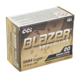 Blazer, 9MM, 115 Grain, Jacketed Hollow Point, 20 Rounds per Box 5239A