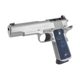 Gold Cup Trophy, 1911, Semi-automatic, Steel Frame Pistol, 9MM, 5" Barrel, Polished, Silver, Blue G10 Grips, Black Serrated Rear Sight, Fiber Optic Front Sight, Manual Safety, 8 Rounds, 1 Magazine O5072XE-OR