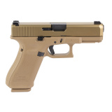 19XV, V Series, Striker Fired, Semi-automatic, Polymer Frame Pistol, Compact, 9MM, 4.02" Barrel, Glock MarksmanBarrel, nPVD Finish, Coyote, No Finger Grooves, G lock Night Sights, Ambidextrous Slide Stop Lever, 10 Rounds, 3 Magazines, Lanyard Loop, Coyot