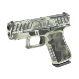 43X M.O.S., Semi-automatic, Striker Fired, Polymer Frame Pistol, Sub-Compact, 9MM, 3.41" Ported Barrel, Custom Olive Drab Green Anime Cerakote Finish by Shark Coast Tactical, Olive Drab Green, Black and White, Fixed Sights, 10 Rounds, 2 Magazines UX43502
