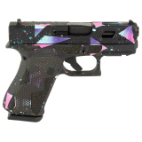 43X, Striker Fired, Semi-automatic, Polymer Frame Pistol, Sub-Compact, 9MM, 3.41" Barrel, Glock Marksman Barrel, nDLC Finish, No Finger Grooves, 10 Rounds, 2 Magazines, Black Base Finish With Cyan/Purple Cerakote, Optic Cut And Machined Slide, Laser Stip