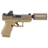 43X Hush Puppy, Semi-automatic, Striker Fired, Polymer Frame Pistol, Sub-Compact, 3.92" Threaded Barrel, 1/2X28 Thread Pitch, Flat Dark Earth Cerakote by Shark Coast Tactical, Suppressor Height Sights, Holosun 407K Red Dot, 10 Rounds, Includes Compact Hu