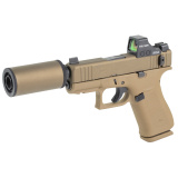 43X Hush Puppy, Semi-automatic, Striker Fired, Polymer Frame Pistol, Sub-Compact, 3.92" Threaded Barrel, 1/2X28 Thread Pitch, Flat Dark Earth Cerakote by Shark Coast Tactical, Suppressor Height Sights, Holosun 407K Red Dot, 10 Rounds, Includes Compact Hu