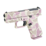 43X M.O.S., Semi-automatic, Striker Fired, Polymer Frame Pistol, Sub-Compact, 9MM, 3.41" Ported Barrel, Custom Light Duck Camo Cerakote Finish by Shark Coast Tactical, Tan, Green and Brown, Fixed Sights, 10 Rounds, 2 Magazines UX4350204FRDUCKPTSCT